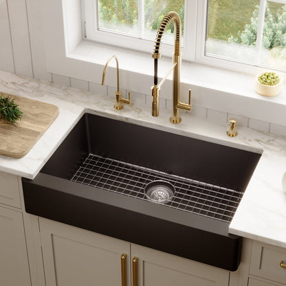 34" Retrofit Farmhouse Large Single Bowl Quartz Composite Kitchen Sink Kit In Black