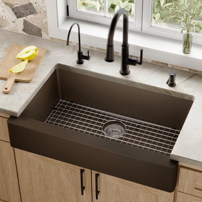 34" Retrofit Farmhouse Large Single Bowl Quartz Composite Kitchen Sink Kit In Brown
