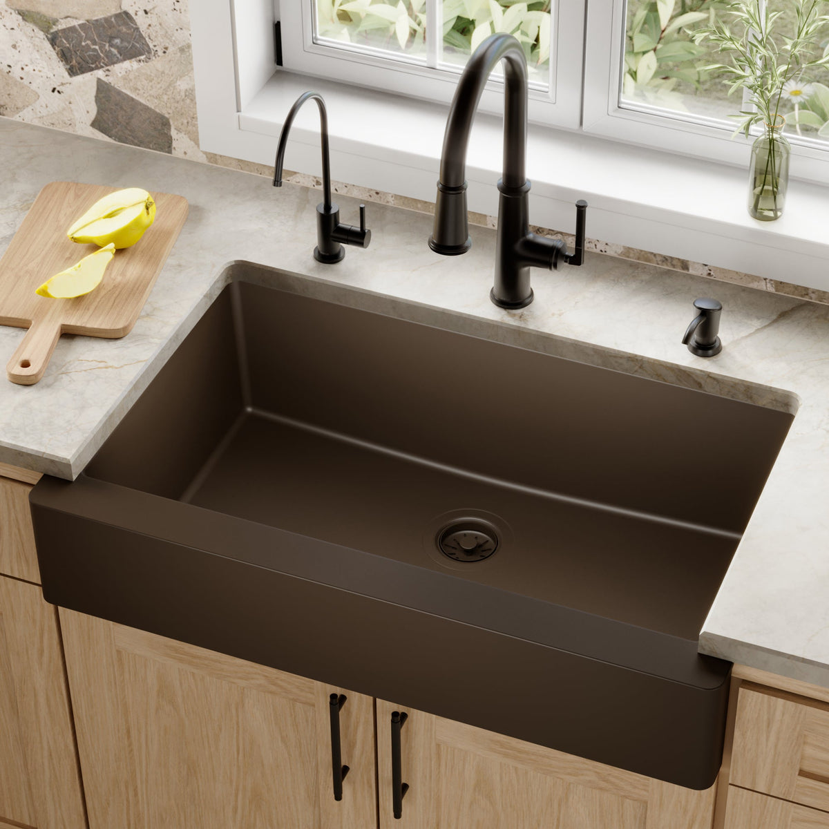 34" Retrofit Farmhouse Large Single Bowl Quartz Composite Kitchen Sink In Brown