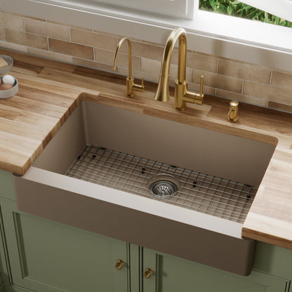 34" Retrofit Farmhouse Large Single Bowl Quartz Composite Kitchen Sink Kit In Concrete