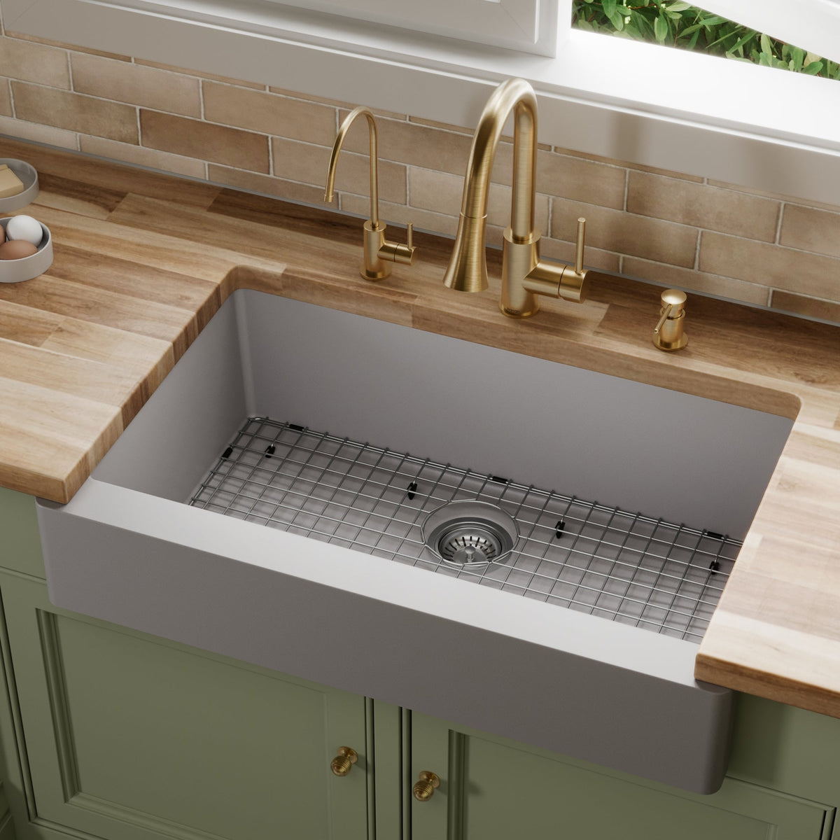 34" Retrofit Farmhouse Large Single Bowl Quartz Composite Kitchen Sink Kit In Grey