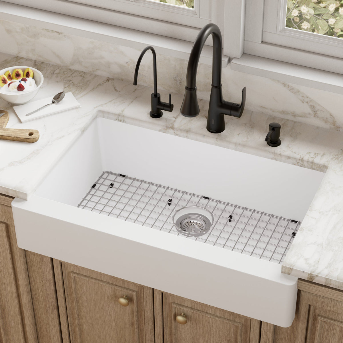 34" Retrofit Farmhouse Large Single Bowl Quartz Composite Kitchen Sink Kit In White