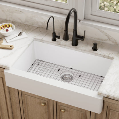 34" Retrofit Farmhouse Large Single Bowl Quartz Composite Kitchen Sink Kit In White