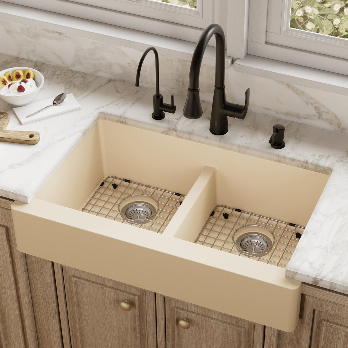 34" Retrofit Farmhouse Double Equal Bowl Quartz Composite Kitchen Sink Kit In Bisque