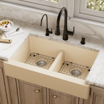 34" Retrofit Farmhouse Double Equal Bowl Quartz Composite Kitchen Sink Kit In Bisque