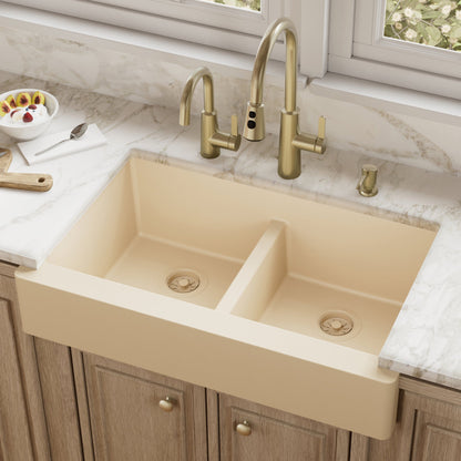 34" Retrofit Farmhouse Double Equal Bowl Quartz Composite Kitchen Sink In Bisque