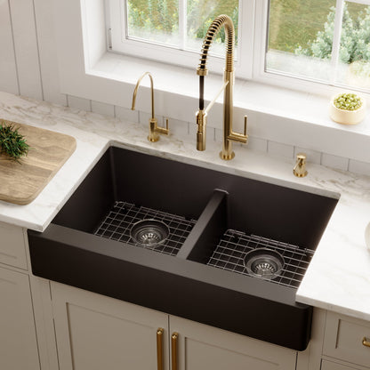 34" Retrofit Farmhouse Double Equal Bowl Quartz Composite Kitchen Sink Kit In Black