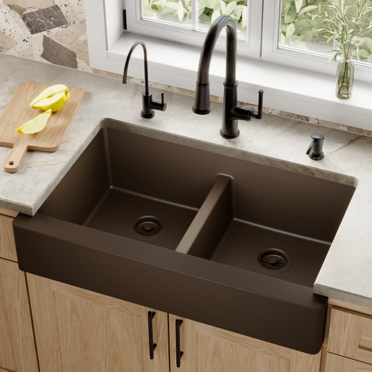 34" Retrofit Farmhouse Double Equal Bowl Quartz Composite Kitchen Sink In Brown