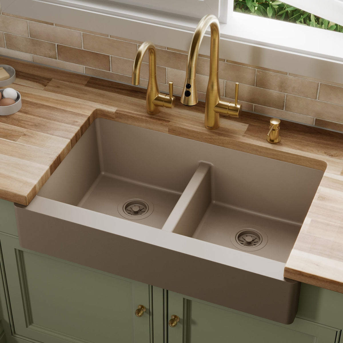 34" Retrofit Farmhouse Double Equal Bowl Quartz Composite Kitchen Sink In Concrete