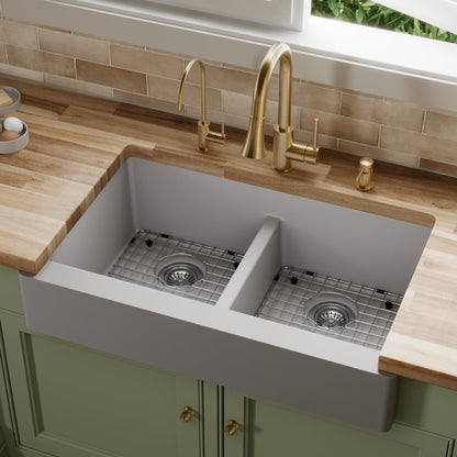 34" Retrofit Farmhouse Double Equal Bowl Quartz Composite Kitchen Sink Kit In Grey