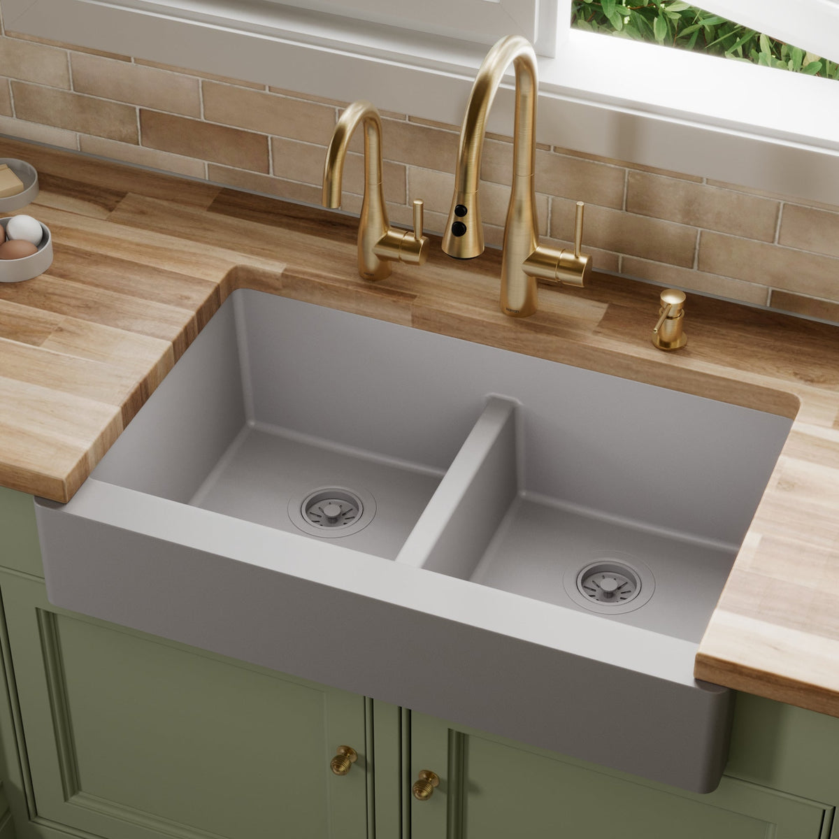 34" Retrofit Farmhouse Double Equal Bowl Quartz Composite Kitchen Sink In Grey