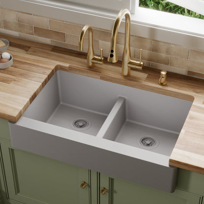 34" Retrofit Farmhouse Double Equal Bowl Quartz Composite Kitchen Sink In Grey