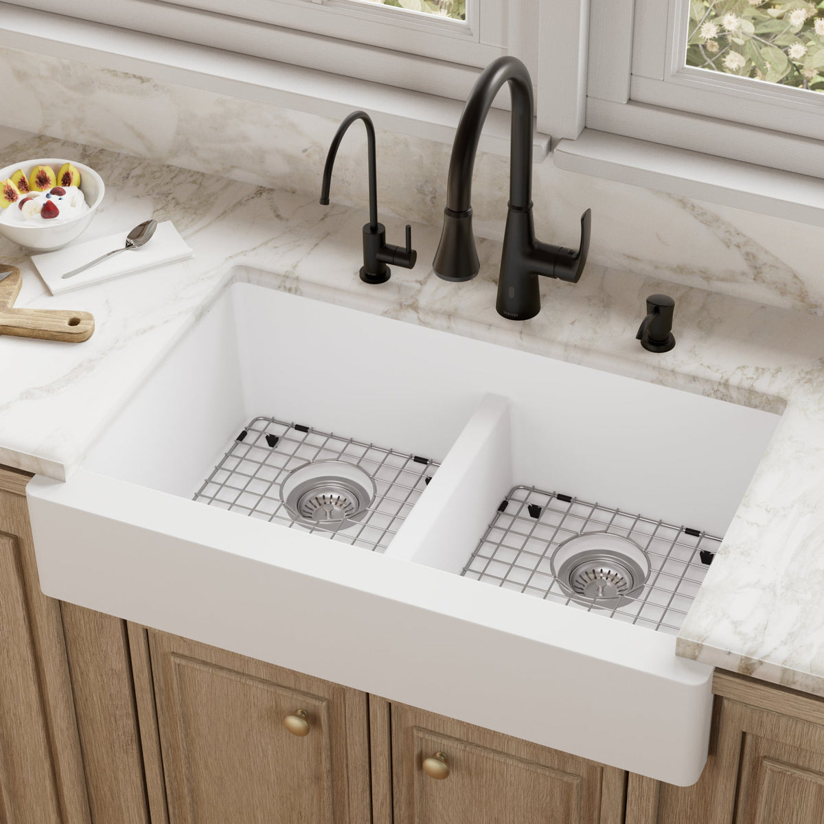 34" Retrofit Farmhouse Double Equal Bowl Quartz Composite Kitchen Sink Kit In White