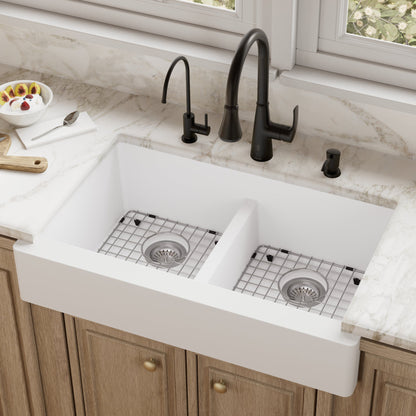 34" Retrofit Farmhouse Double Equal Bowl Quartz Composite Kitchen Sink Kit In White
