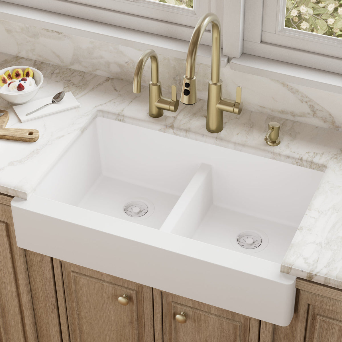 34" Retrofit Farmhouse Double Equal Bowl Quartz Composite Kitchen Sink In White