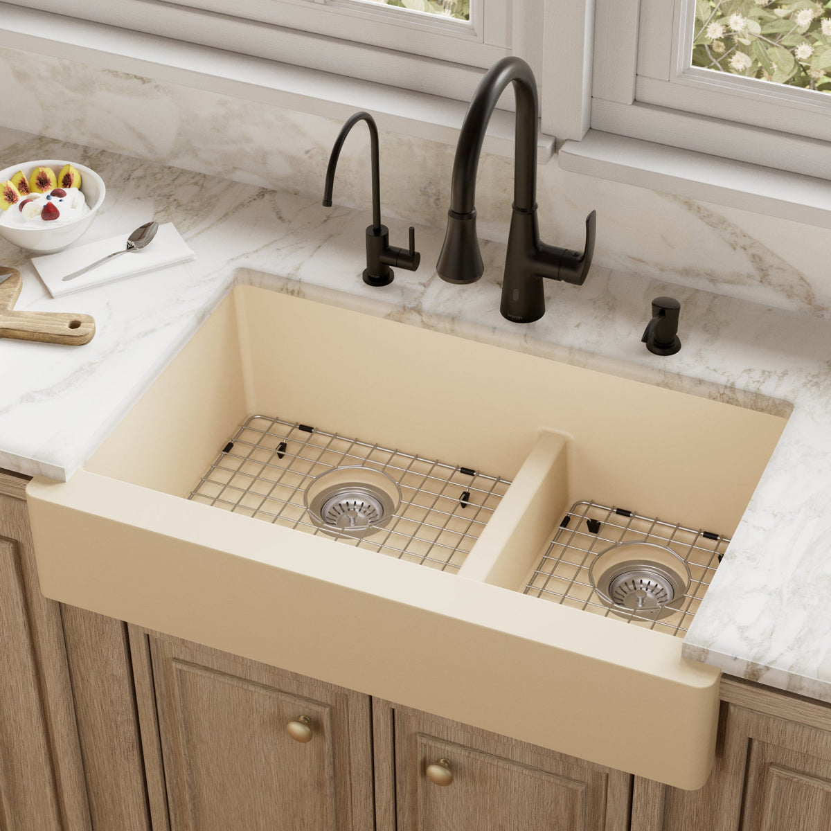 34" Retrofit Farmhouse Double Offset Bowl Quartz Composite Kitchen Sink Kit In Bisque