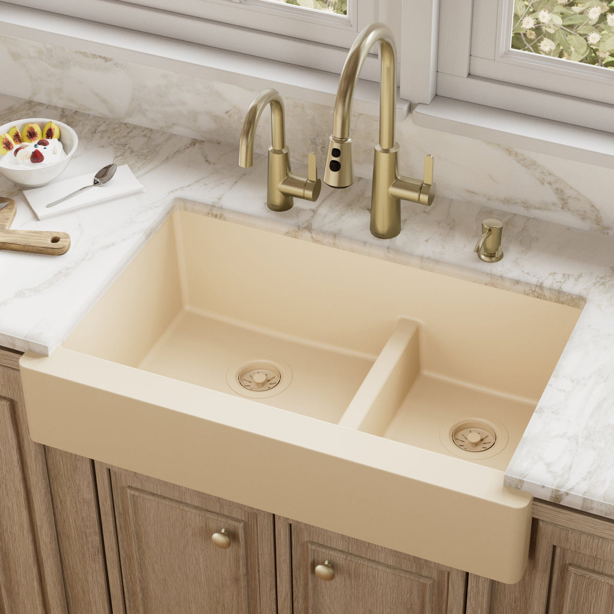34" Retrofit Farmhouse Double Offset Bowl Quartz Composite Kitchen Sink In Bisque