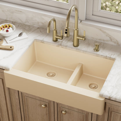 34" Retrofit Farmhouse Double Offset Bowl Quartz Composite Kitchen Sink In Bisque