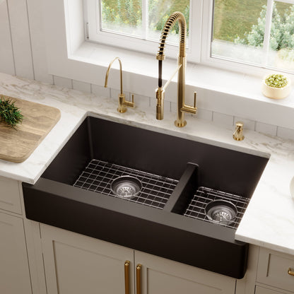 34" Retrofit Farmhouse Double Offset Bowl Quartz Composite Kitchen Sink Kit In Black