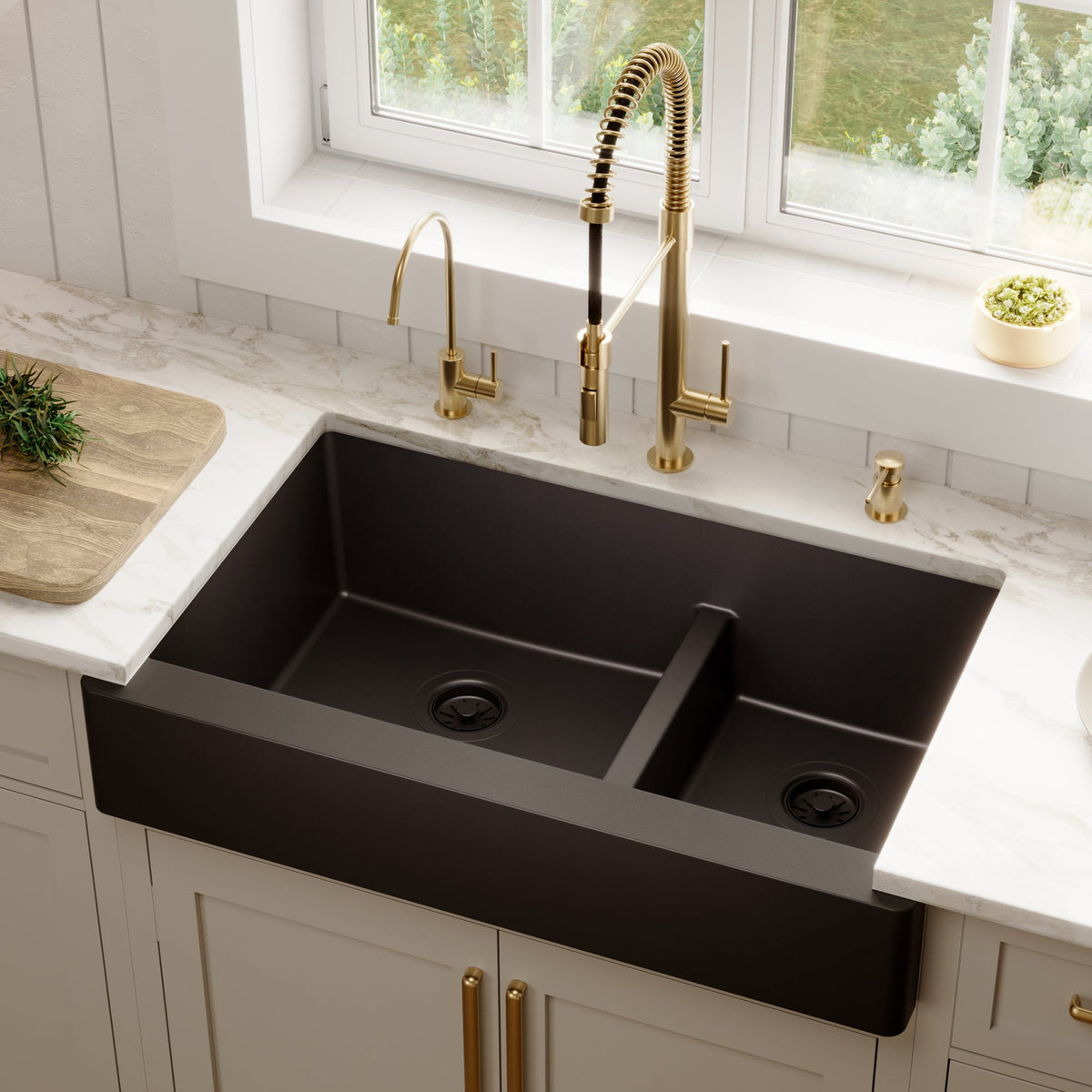 34" Retrofit Farmhouse Double Offset Bowl Quartz Composite Kitchen Sink In Black