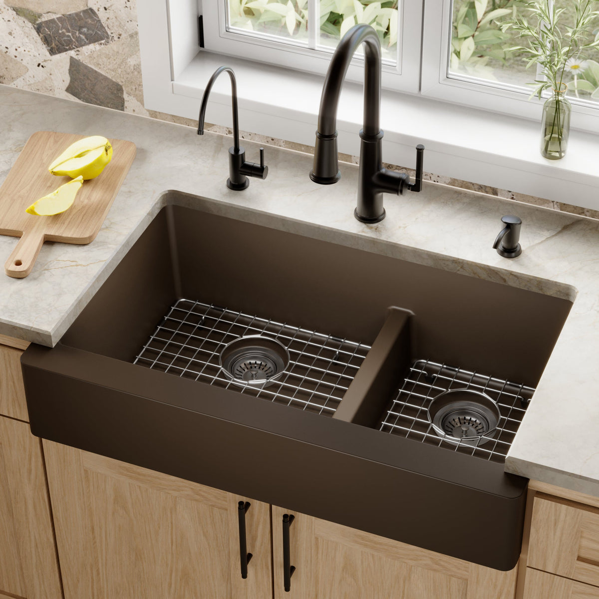 34" Retrofit Farmhouse Double Offset Bowl Quartz Composite Kitchen Sink Kit In Brown