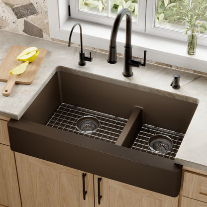 34" Retrofit Farmhouse Double Offset Bowl Quartz Composite Kitchen Sink Kit In Brown