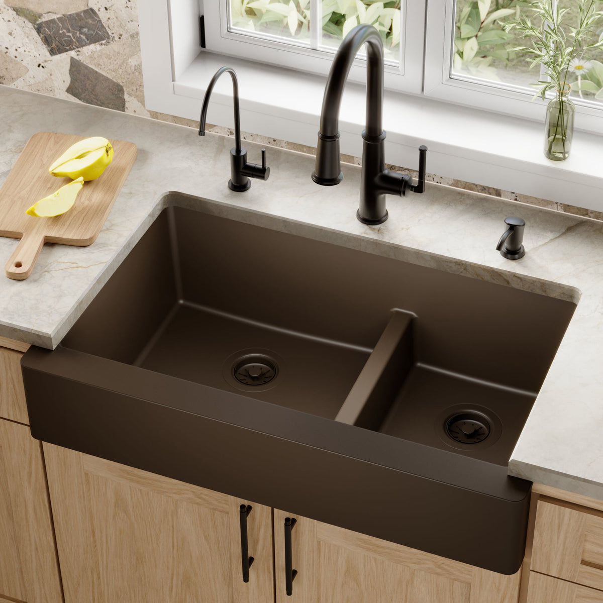 34" Retrofit Farmhouse Double Offset Bowl Quartz Composite Kitchen Sink In Brown