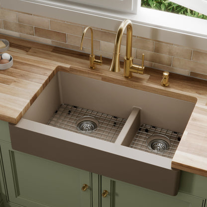 34" Retrofit Farmhouse Double Offset Bowl Quartz Composite Kitchen Sink Kit In Concrete
