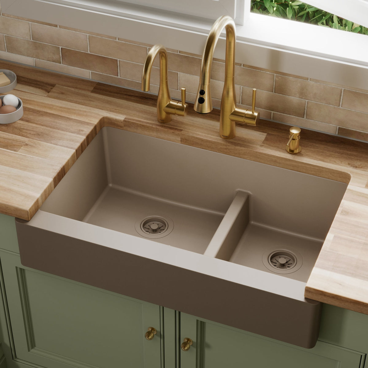 34" Retrofit Farmhouse Double Offset Bowl Quartz Composite Kitchen Sink In Concrete