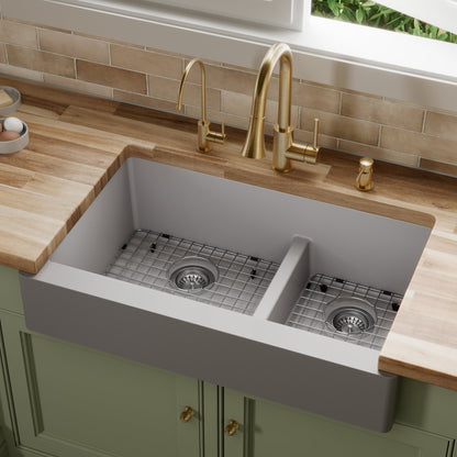 34" Retrofit Farmhouse Double Offset Bowl Quartz Composite Kitchen Sink Kit In Grey