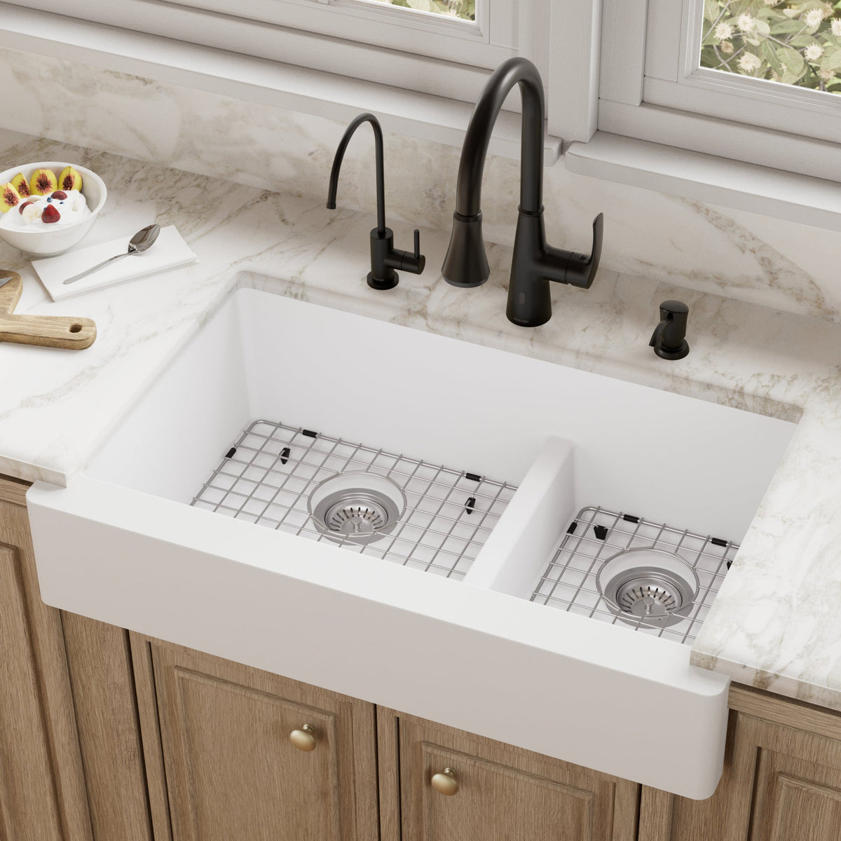 34" Retrofit Farmhouse Double Offset Bowl Quartz Composite Kitchen Sink Kit In White