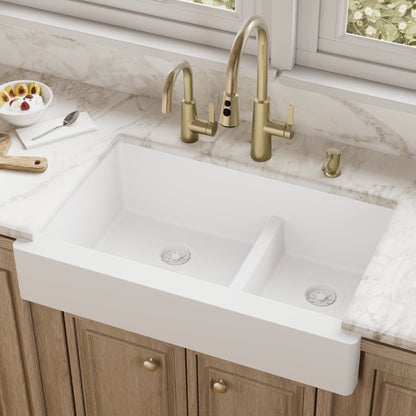 34" Retrofit Farmhouse Double Offset Bowl Quartz Composite Kitchen Sink In White