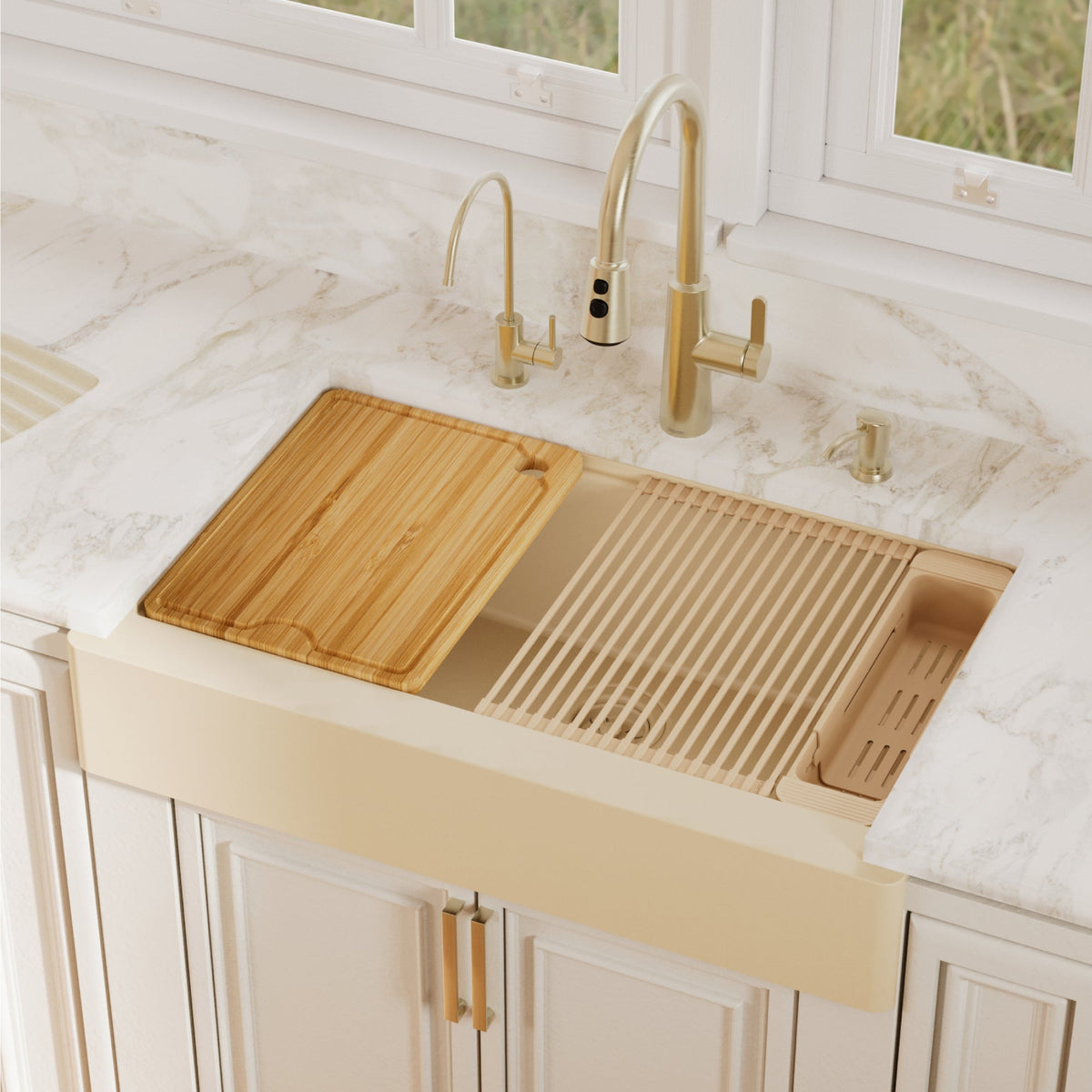 34" Apron Front Single Bowl Quartz Kitchen Sink Kit In Bisque