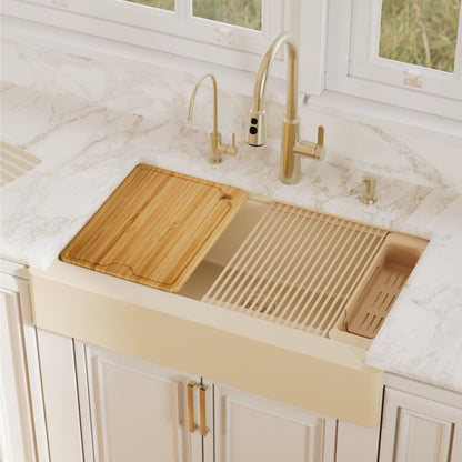 34" Apron Front Single Bowl Quartz Kitchen Sink Kit In Bisque