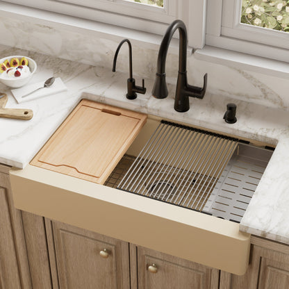 34" Retrofit Farmhouse Large Single Bowl Quartz Composite Workstation Kitchen Sink In Bisque