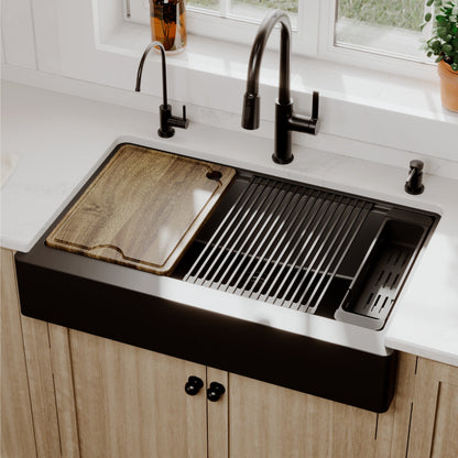 34" Apron Front Single Bowl Quartz Kitchen Sink Kit In Black