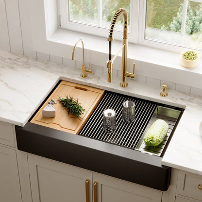 34" Retrofit Farmhouse Large Single Bowl Quartz Composite Workstation Kitchen Sink In Black