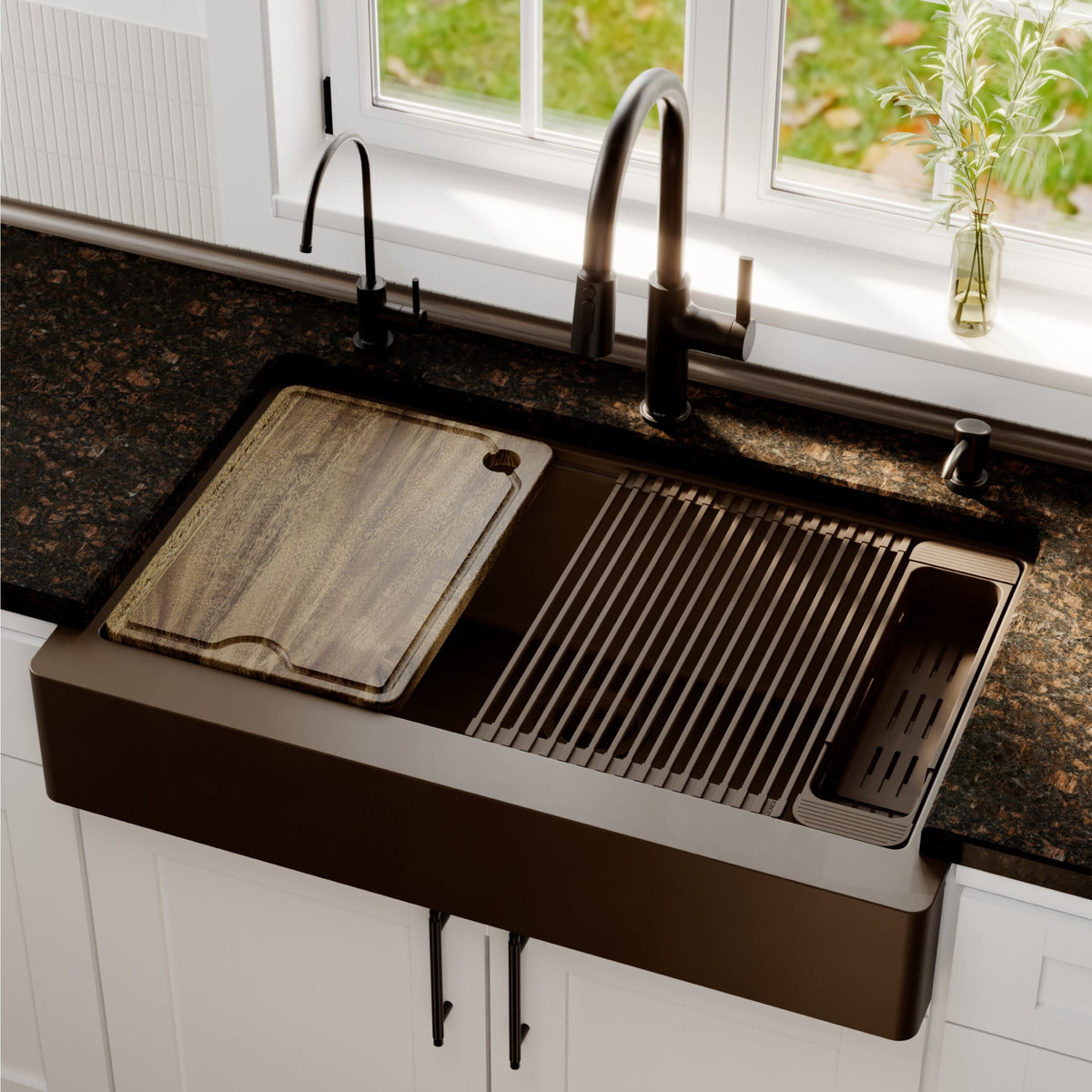 34" Apron Front Single Bowl Quartz Kitchen Sink Kit In Brown