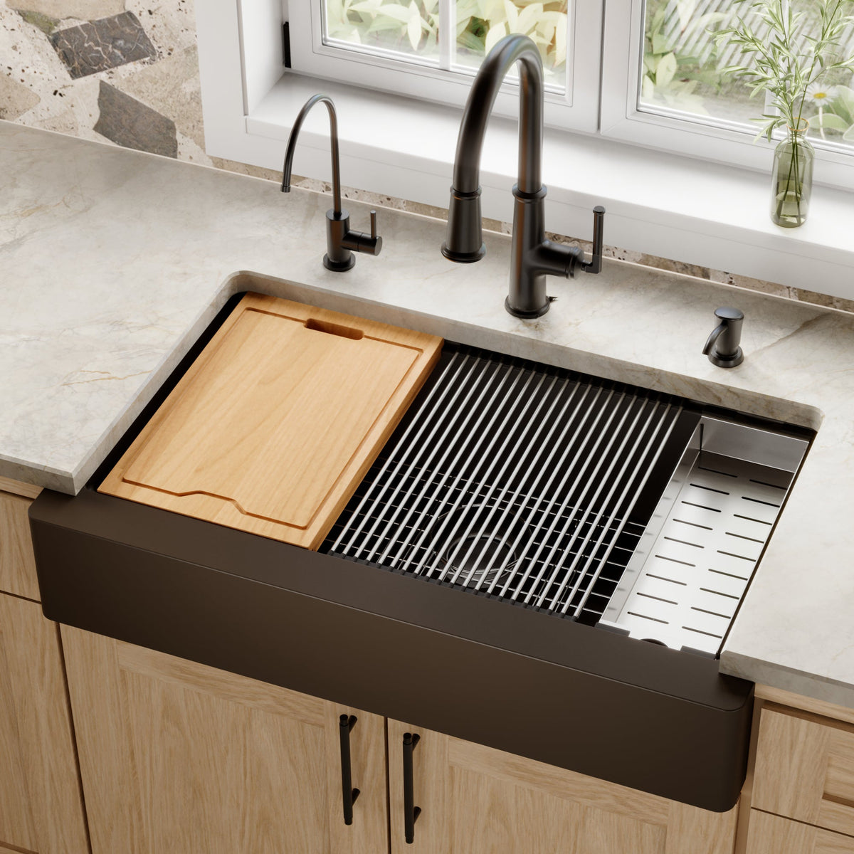 34" Retrofit Farmhouse Large Single Bowl Quartz Composite Workstation Kitchen Sink In Brown