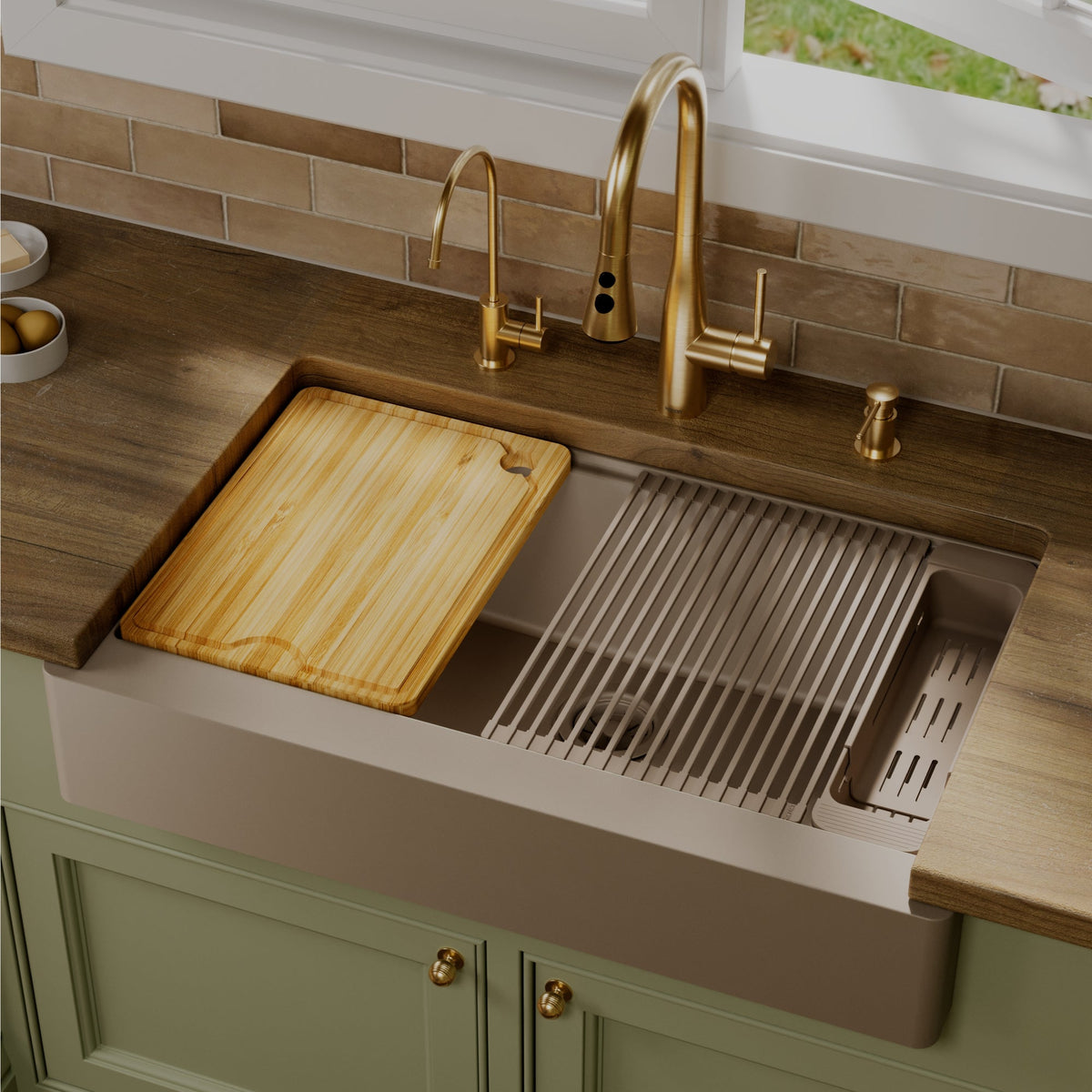 34" Apron Front Single Bowl Quartz Kitchen Sink Kit In Concrete