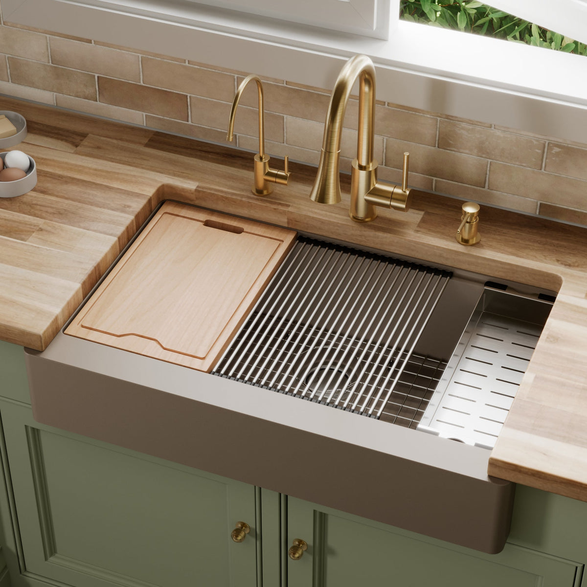 34" Retrofit Farmhouse Large Single Bowl Quartz Composite Workstation Kitchen Sink In Concrete