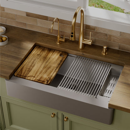 34" Apron Front Single Bowl Quartz Kitchen Sink Kit In Grey