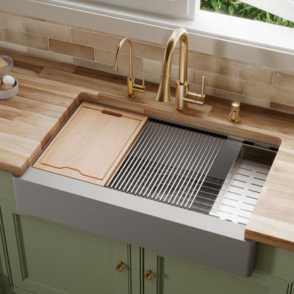 34" Retrofit Farmhouse Large Single Bowl Quartz Composite Workstation Kitchen Sink In Grey