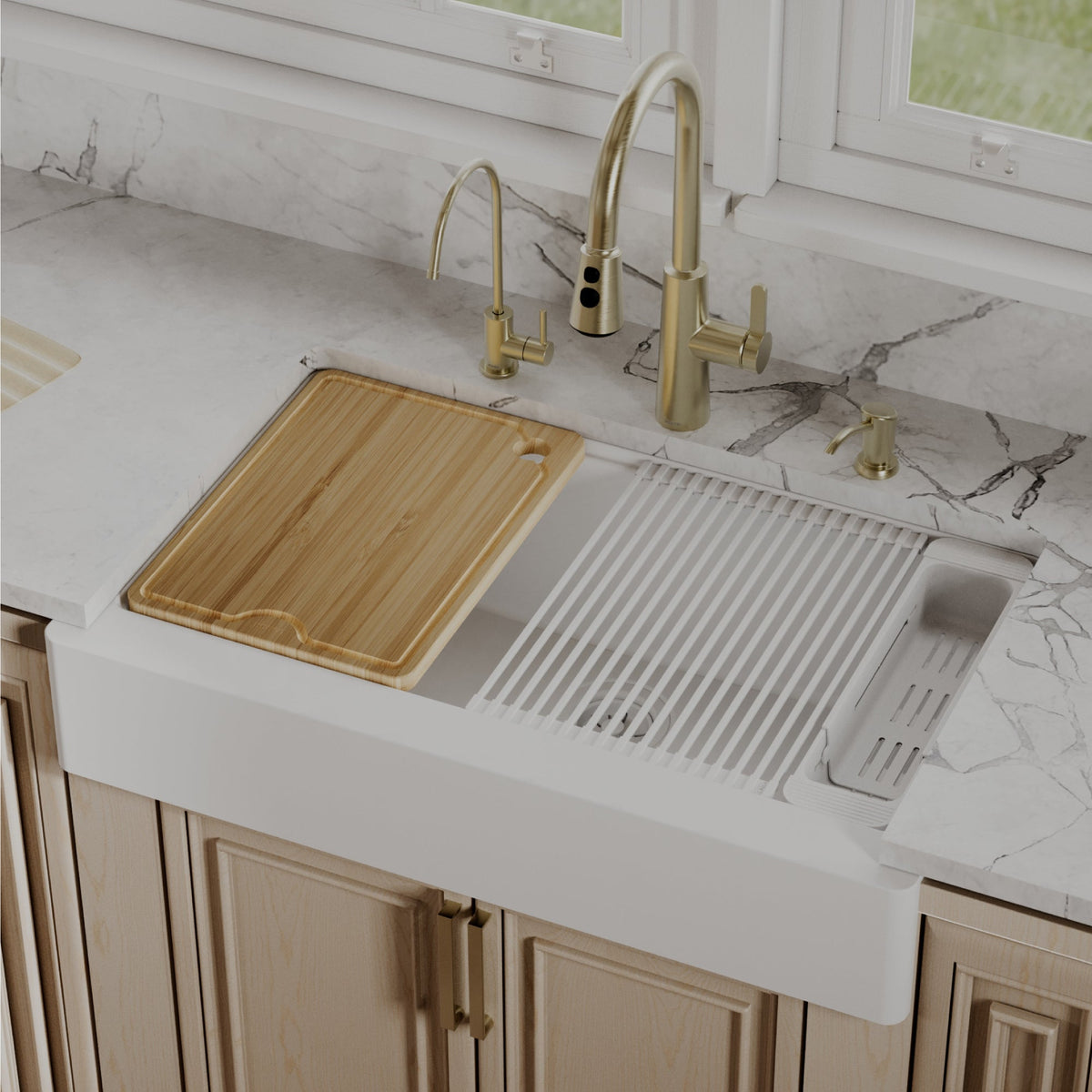 34" Apron Front Single Bowl Quartz Kitchen Sink Kit In White