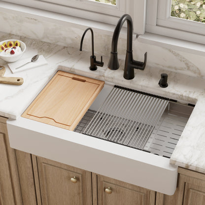 34" Retrofit Farmhouse Large Single Bowl Quartz Composite Workstation Kitchen Sink In White