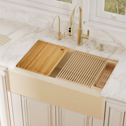 34" Deep Apron Front Single Bowl Quartz Kitchen Sink Kit In Bisque