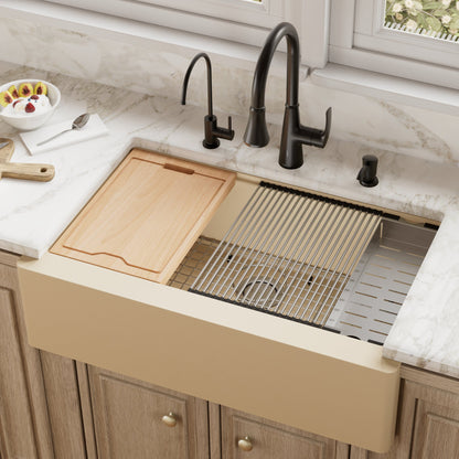 34" Farmhouse Large Single Bowl Quartz Composite Workstation Kitchen Sink In Bisque