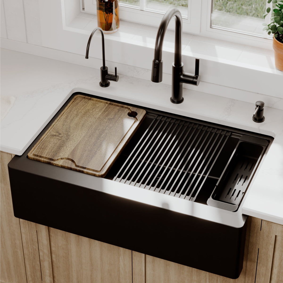 34" Deep Apron Front Single Bowl Quartz Kitchen Sink Kit In Black
