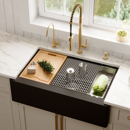 34" Farmhouse Large Single Bowl Quartz Composite Workstation Kitchen Sink In Black