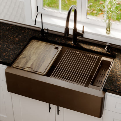 34" Deep Apron Front Single Bowl Quartz Kitchen Sink Kit In Brown